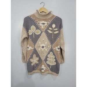 White Stag Vintage Roll Neck Patchwork Floral Embroidery Knit Sweater Tan Grey M